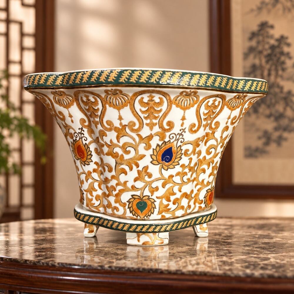 VTG Oriental Accent Porcelain Foot Bath Planter Gold Tobacco Leaf Chinoiserie
